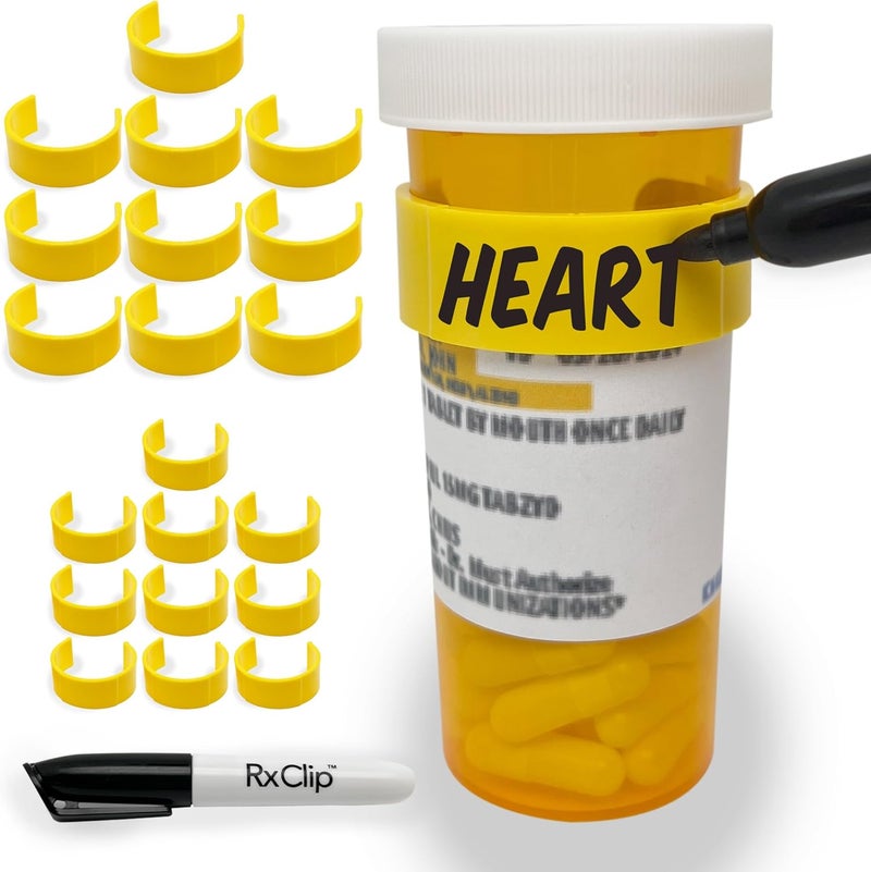 RxClip 20 Pack Medicine Bottle Label Clips for Easy Medication Identification - 20ct Multipack with Marker - Image 1